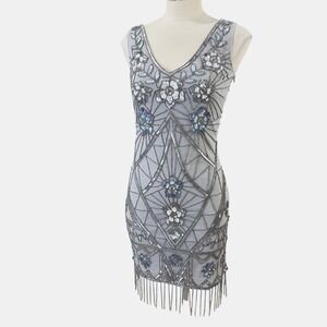 Frock and Frill Silver Sequin Beaded Embellished Fringe Mini Dress Size 8